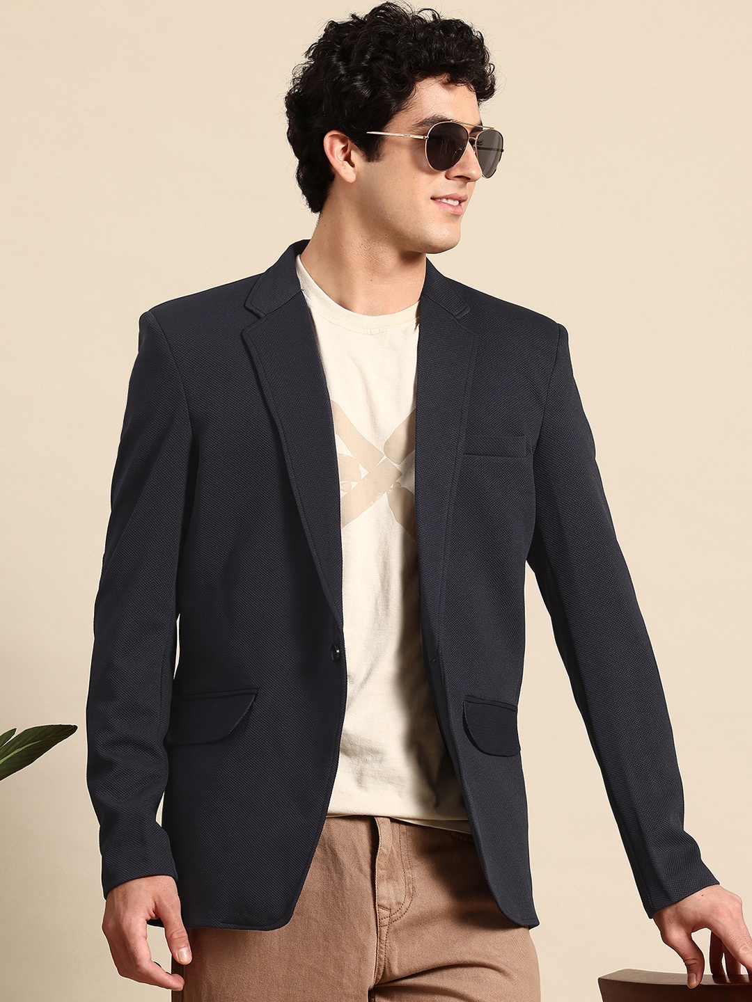 

Mast & Harbour Single-Breasted Self Design Smart Casual Blazer, Navy blue