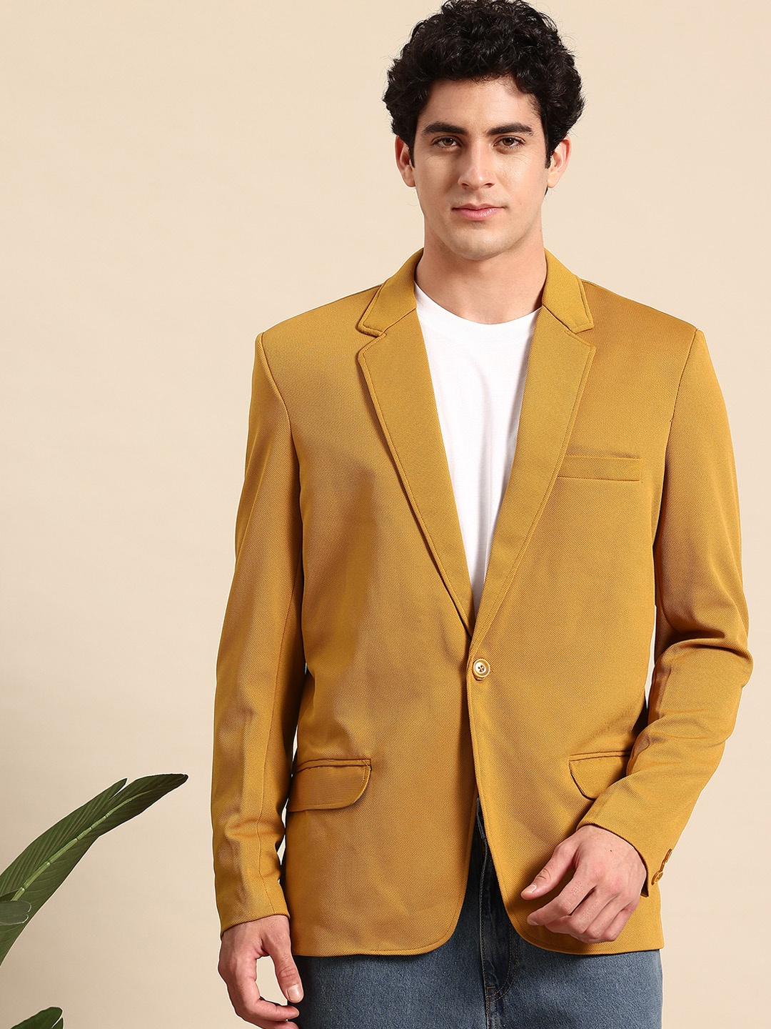 

Mast & Harbour Notched Lapel Single-Breasted Textured Blazer, Mustard