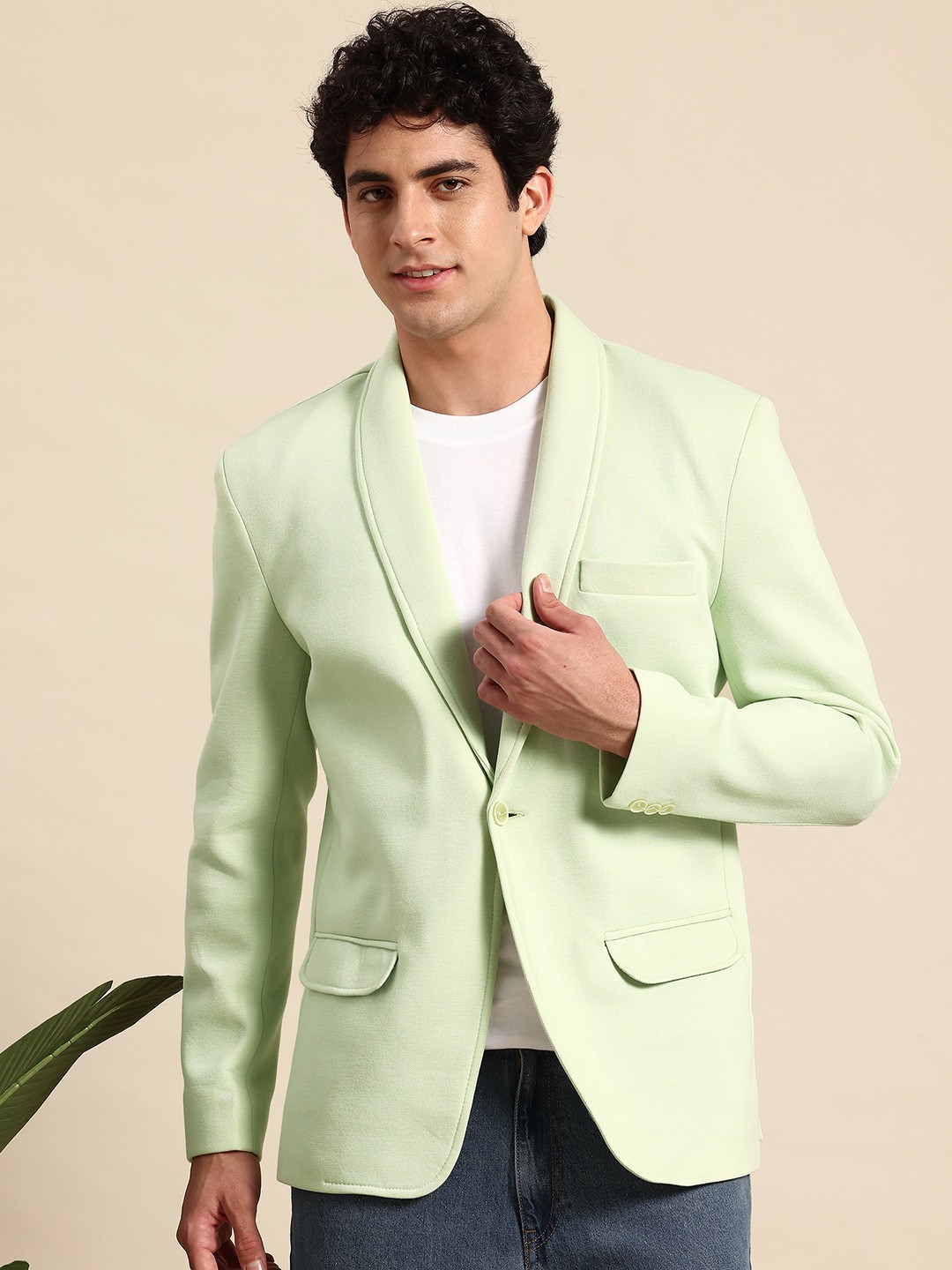 

Mast & Harbour Shawl Collar Single-Breasted Textured Blazer, Green