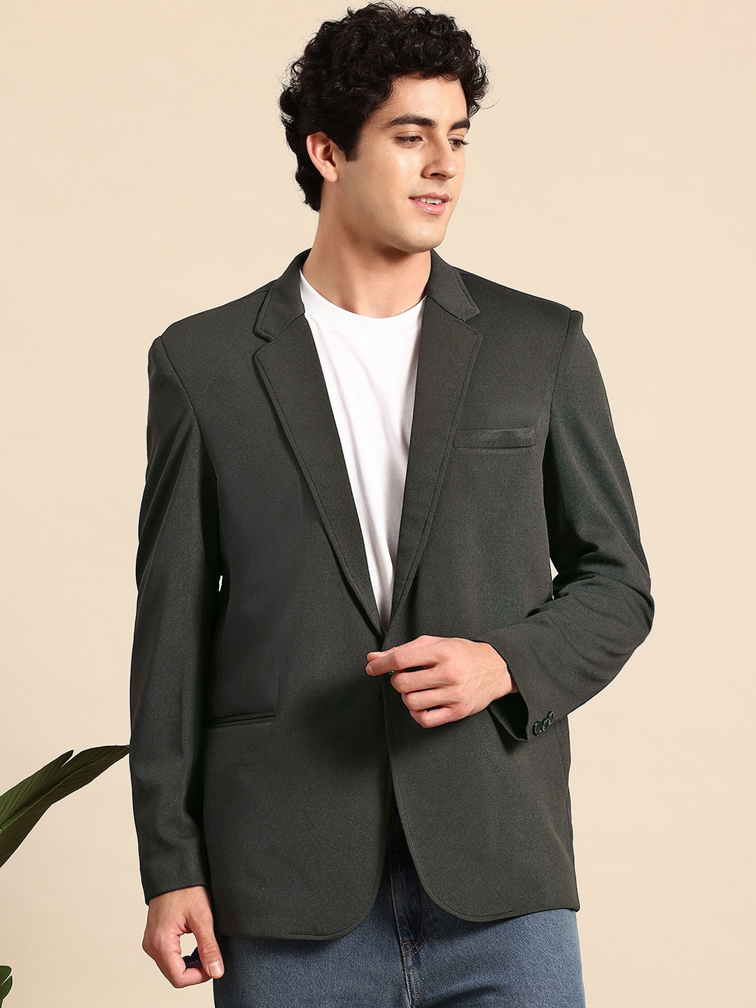 

Mast & Harbour Notched Lapel Single-Breasted Textured Blazer, Olive