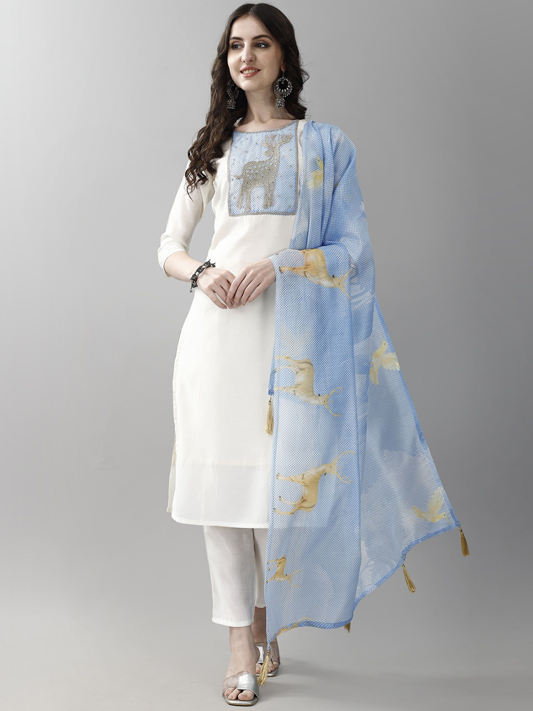 

KALINI Animal Embroidered Chanderi Silk Straight Kurta With Trousers & Dupatta, White