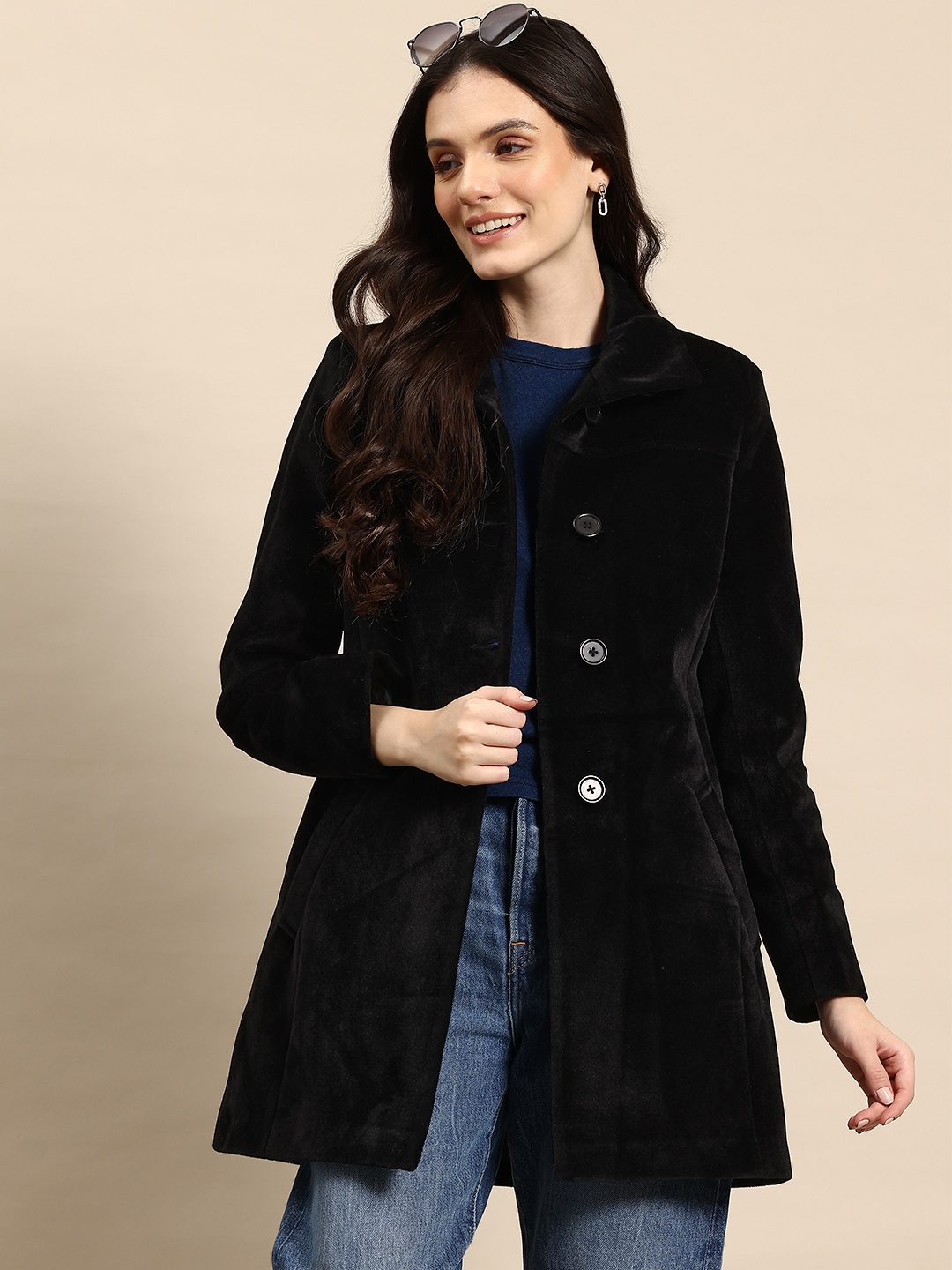 

Mast & Harbour Velvet Finish Overcoat, Black