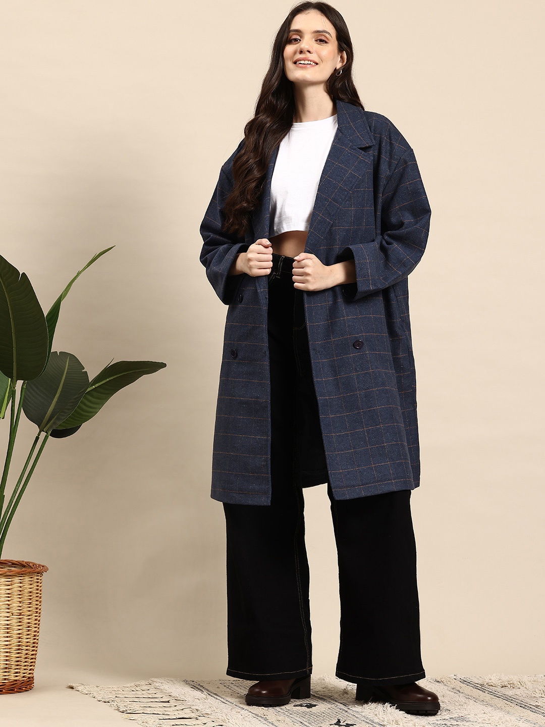 

Mast & Harbour Checked Overcoat, Navy blue