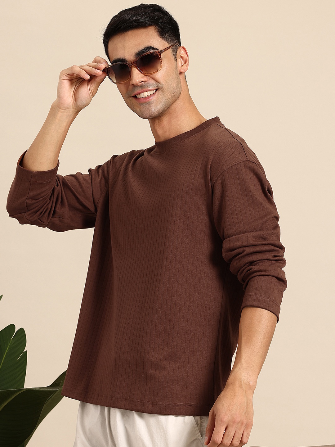

Mast & Harbour Self-Striped Drop-Shoulder T-shirt, Brown