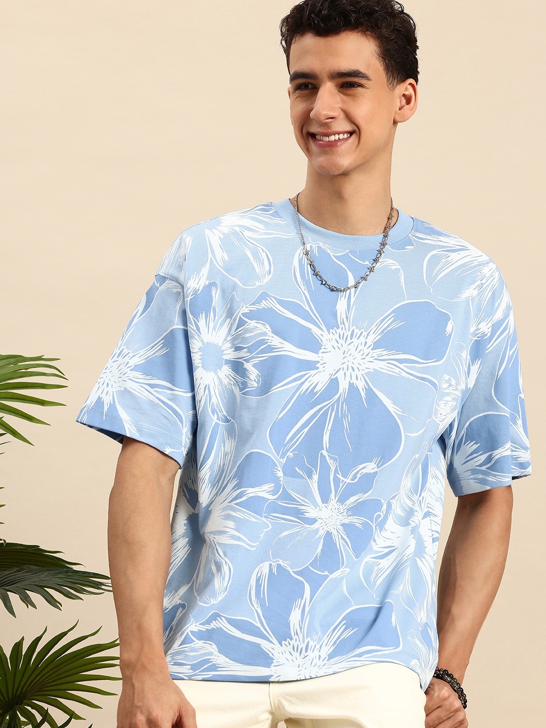 

Mast & Harbour Floral Printed Drop-Shoulder Sleeves Oversized T-shirt, Blue