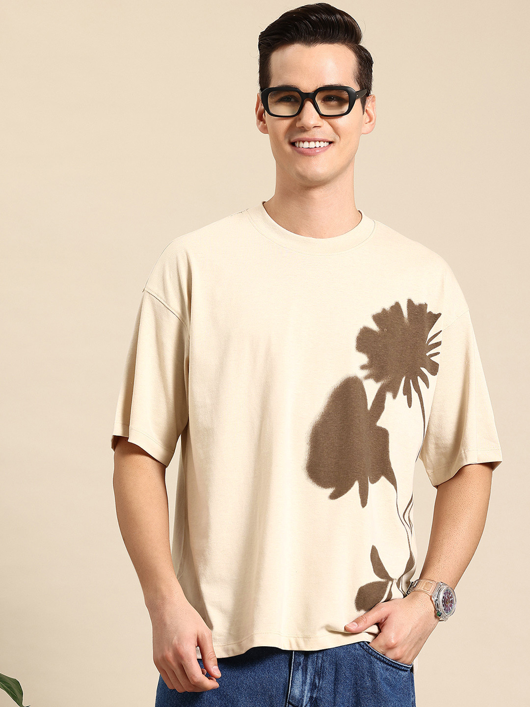 

Mast & Harbour Men Printed Drop-Shoulder Sleeves T-shirt, Beige
