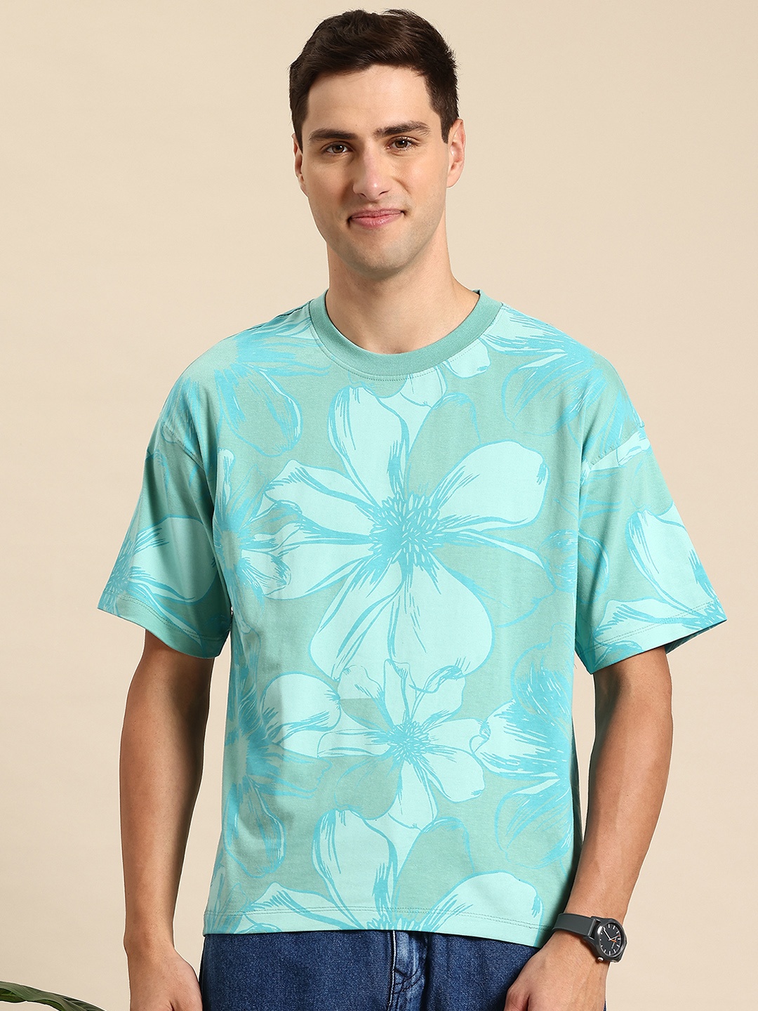 

Mast & Harbour Floral Print Drop-Shoulder Sleeves T-shirt, Blue