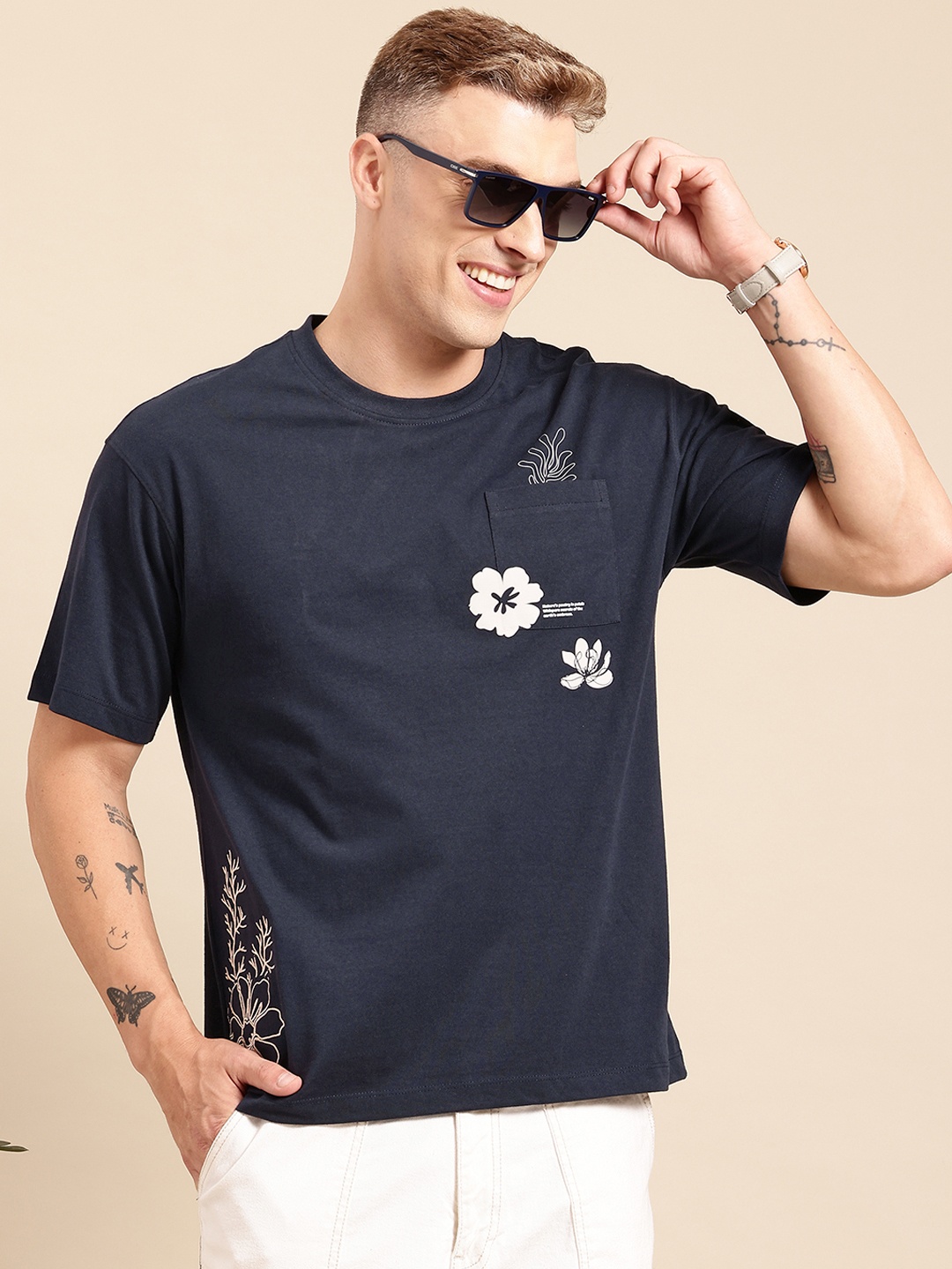

Mast & Harbour Floral Print T-shirt With Pocket, Navy blue