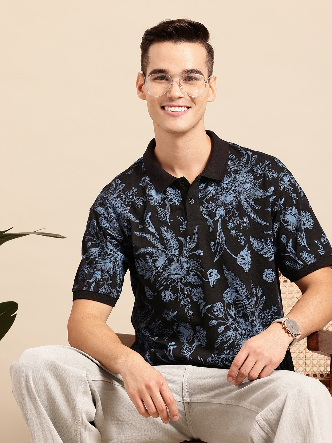 

Mast & Harbour Floral Print Polo Collar T-shirt, Black