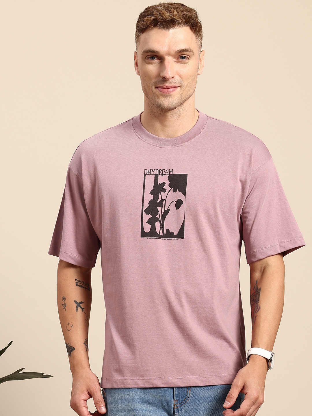 

Mast & Harbour Printed Drop-Shoulder Sleeves T-shirt, Mauve