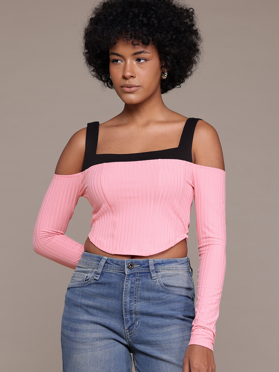 

The Roadster Lifestyle Co. Colourblocked Ribbed Fitted Crop Top, Pink