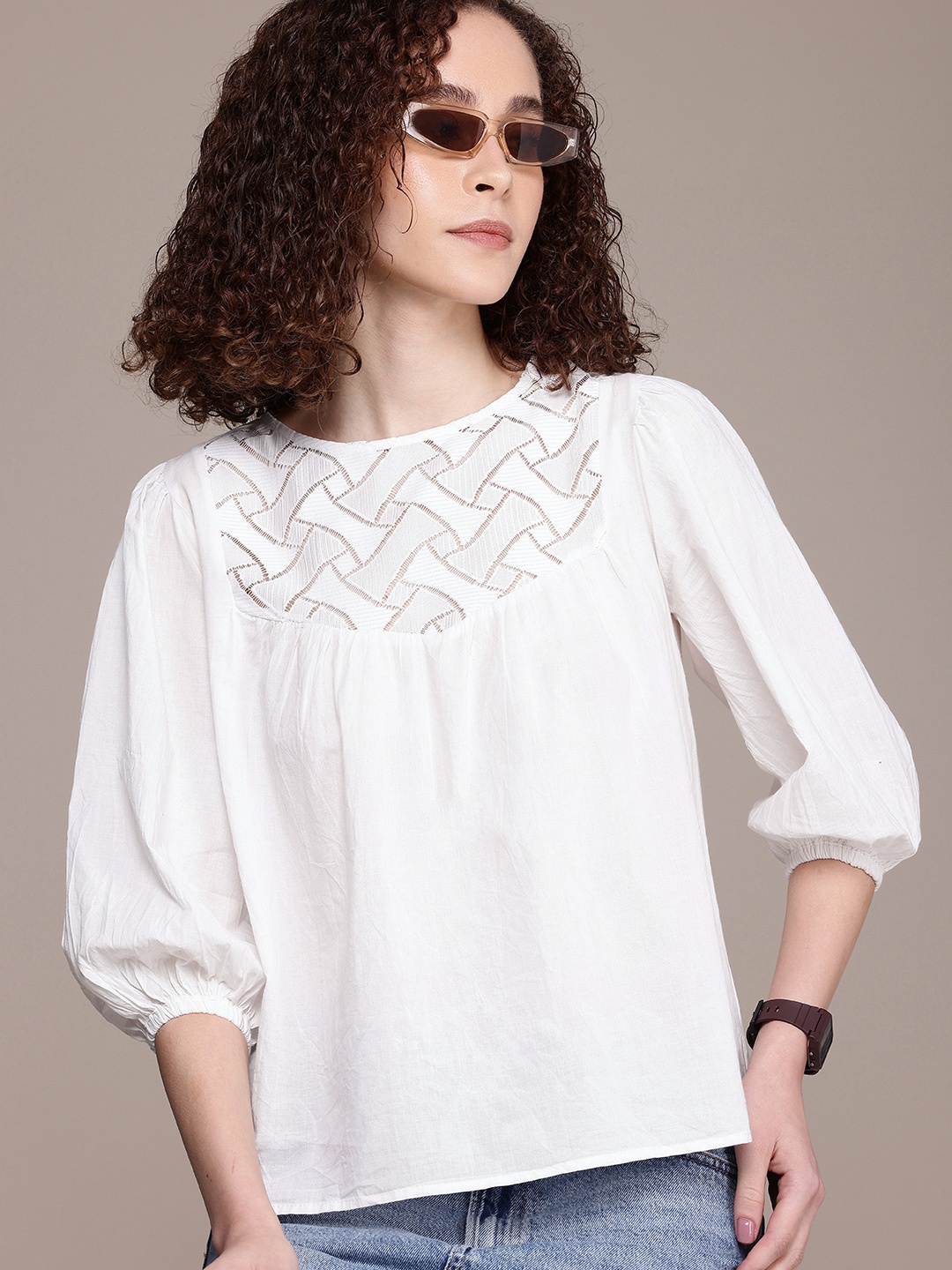 

The Roadster Life Co. Pure Cotton Puff Sleeves Lace Detail Gathered Top, White