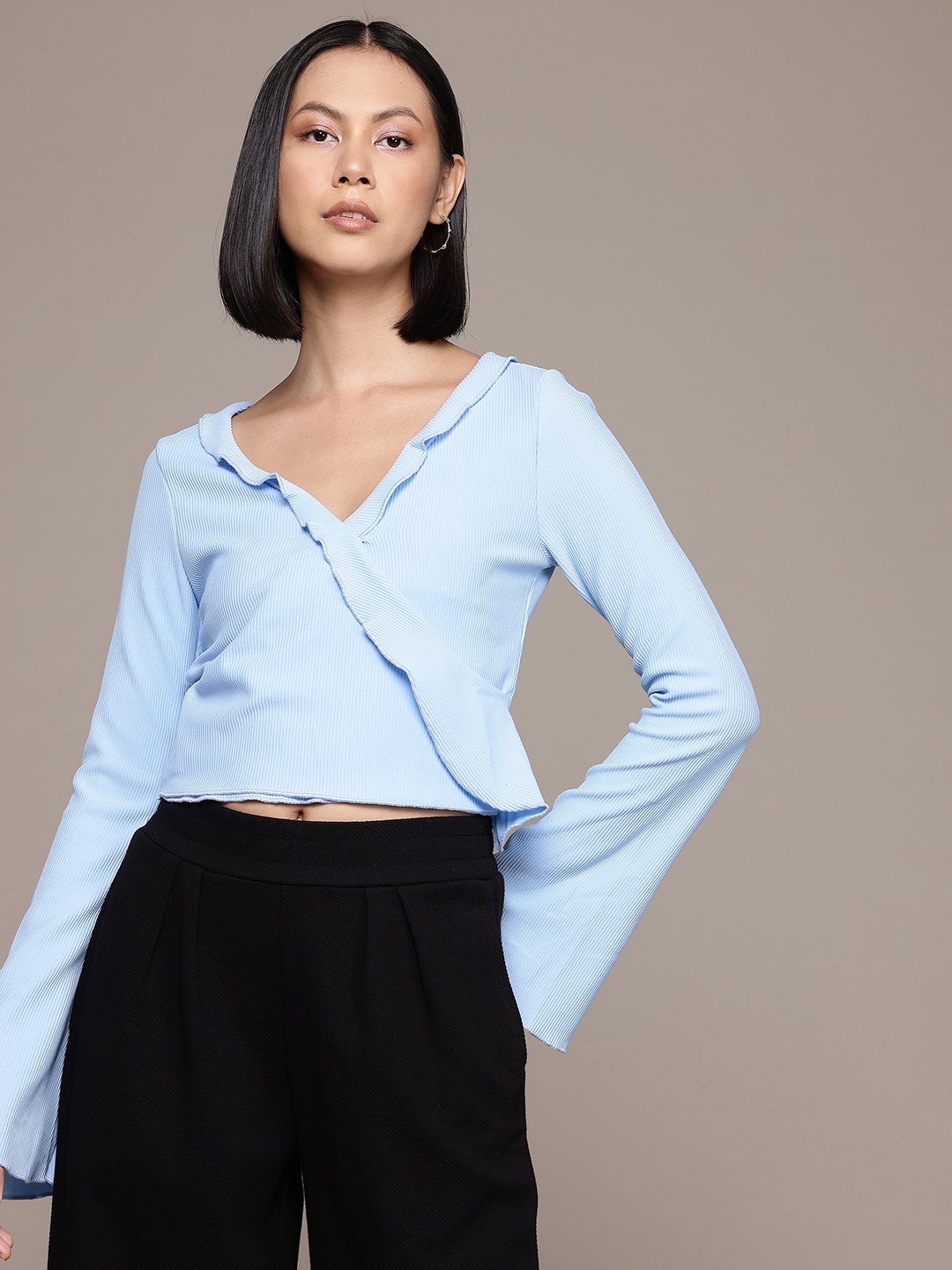 

The Roadster Lifestyle Co. Ruffles Detail Bell Sleeves Crop Top, Blue