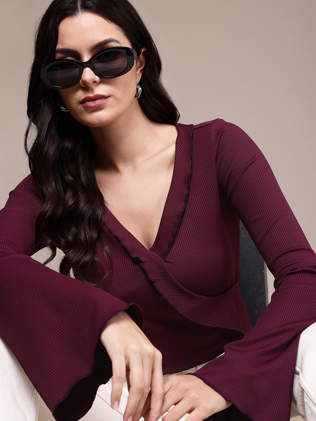 

The Roadster Life Co. Self Striped V-Neck Flared Sleeves Crop Top, Burgundy