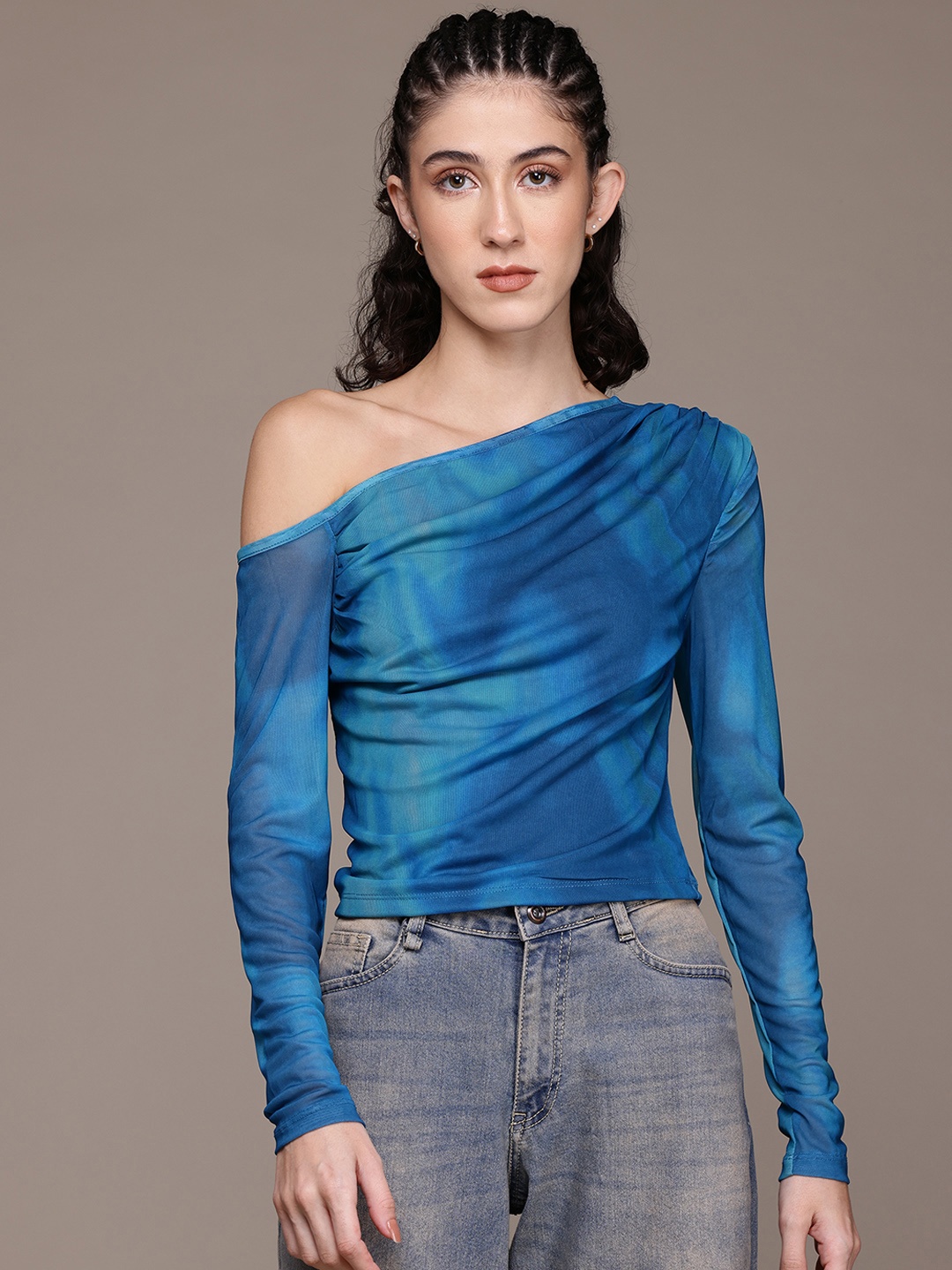 

The Roadster Lifestyle Co. Printed One Shoulder Sheer Top, Blue