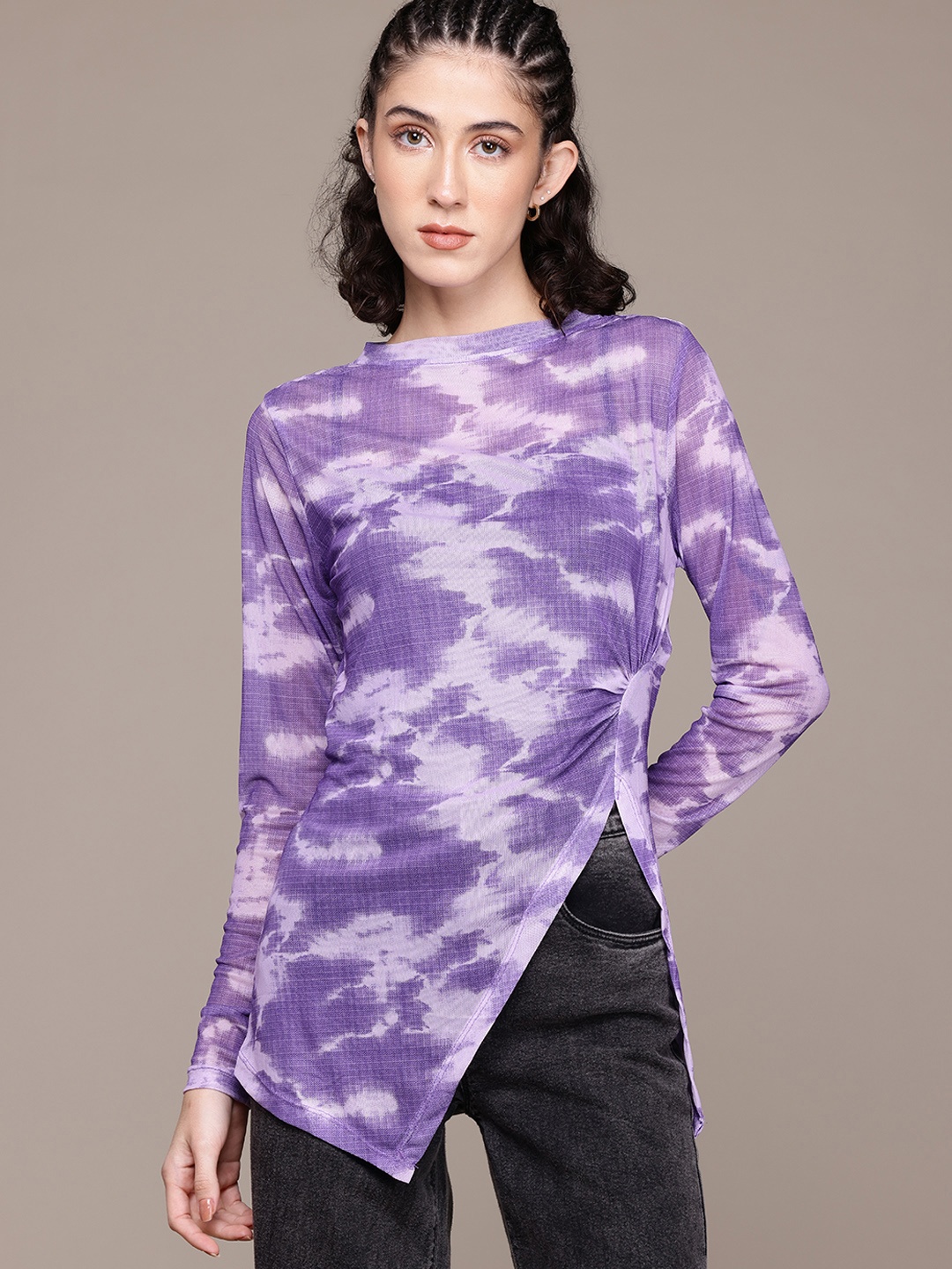 

The Roadster Lifestyle Co. Printed Sheer Longline Top, Purple