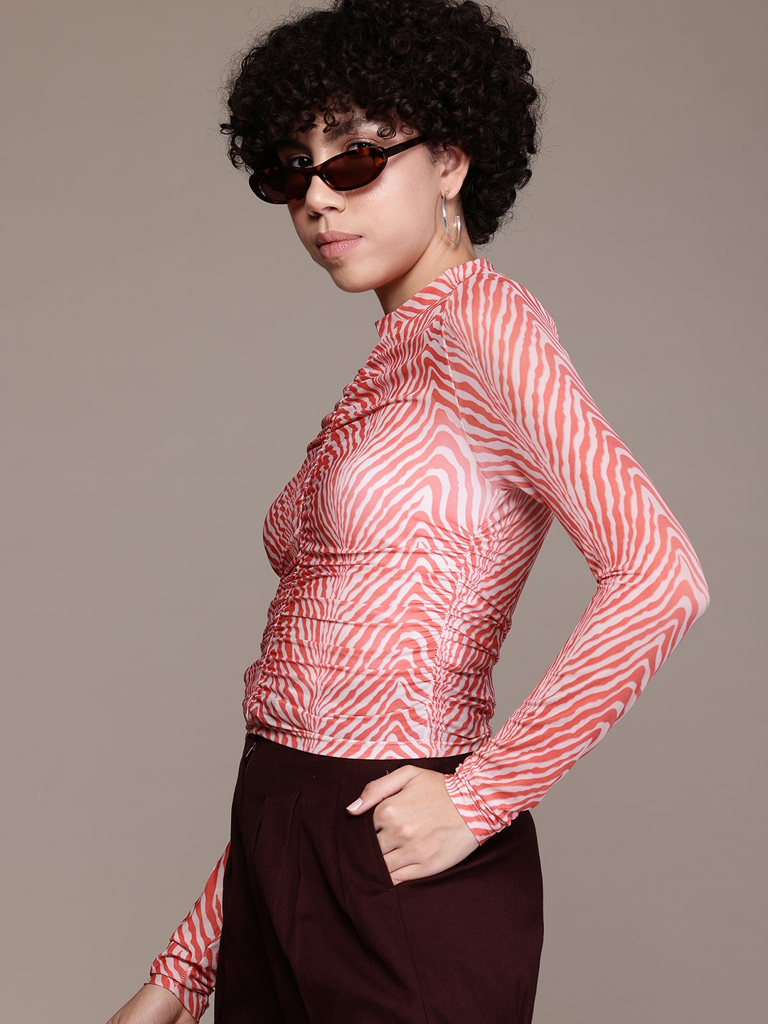 

The Roadster Lifestyle Co. Abstract Print Semi-Sheer Ruched Fitted Top, Pink