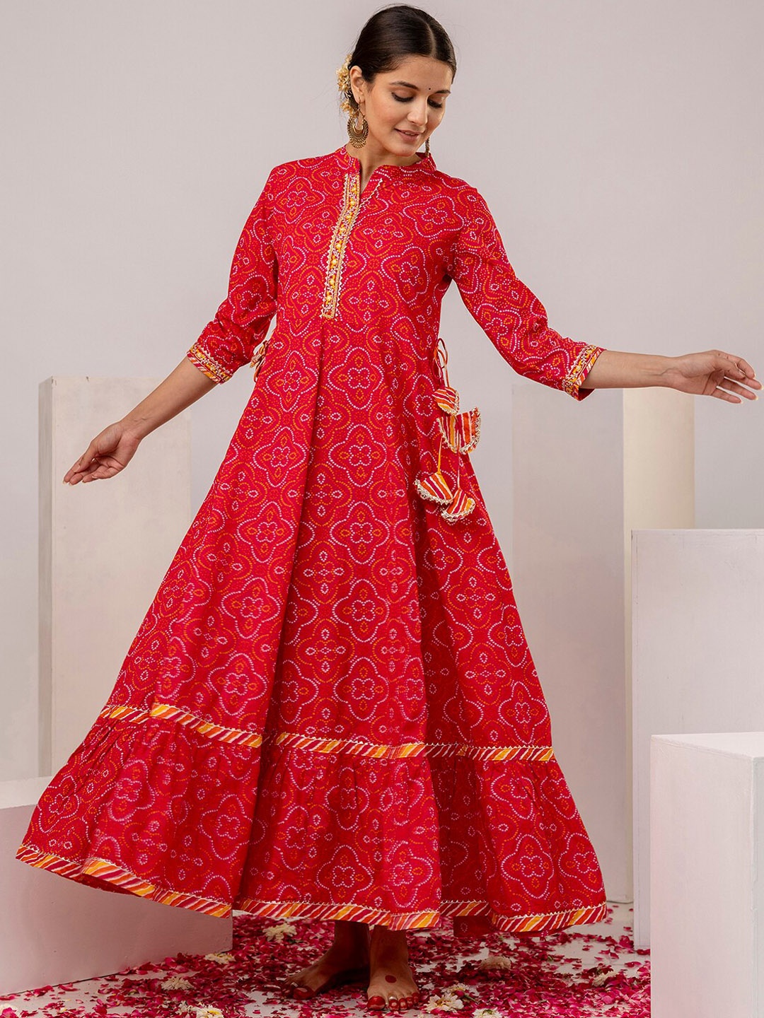 KIMAYRA Bandhani Printed Mirror Work Empire Pure Cotton Anarkali Kurta, Pink