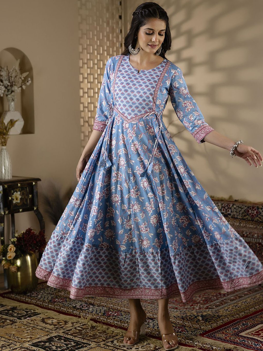 

KIMAYRA Floral Printed Cotton Anarkali Kurta, Blue