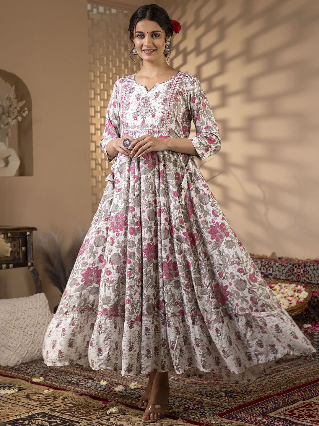 

KIMAYRA Floral Printed Mirror Work Cotton Anarkali Kurta, White