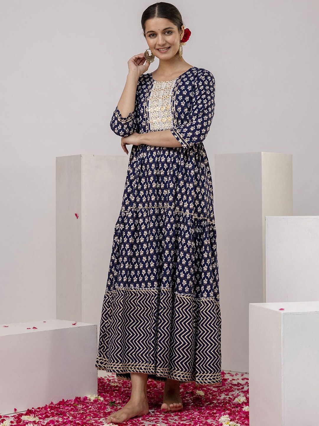 

KIMAYRA Floral Printed Mirror Work Cotton Tiered Anarkali Kurta, Navy blue