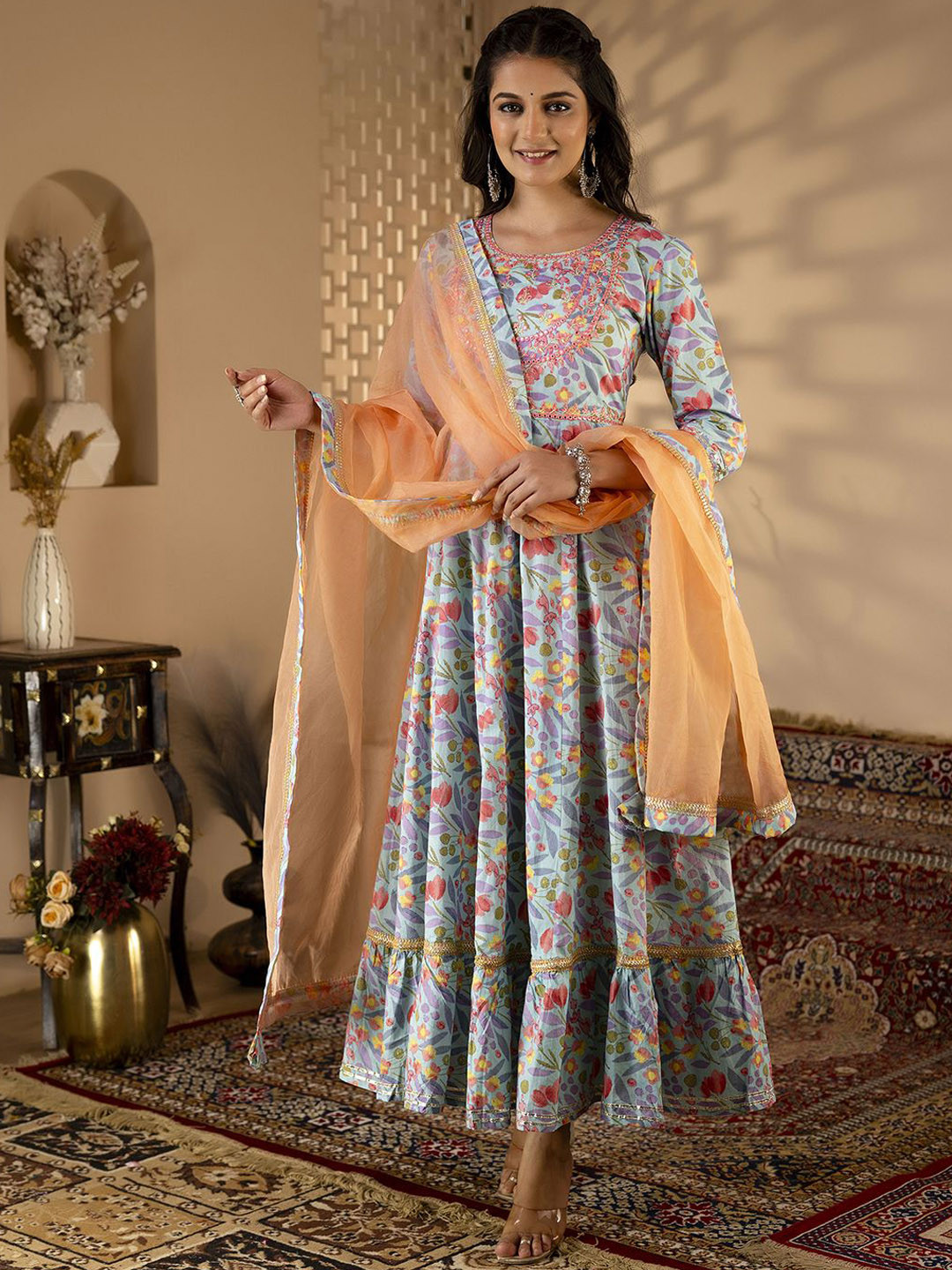 

KIMAYRA Floral Printed Zari Pure Cotton Empire A-Line Kurta With Dupatta, Blue