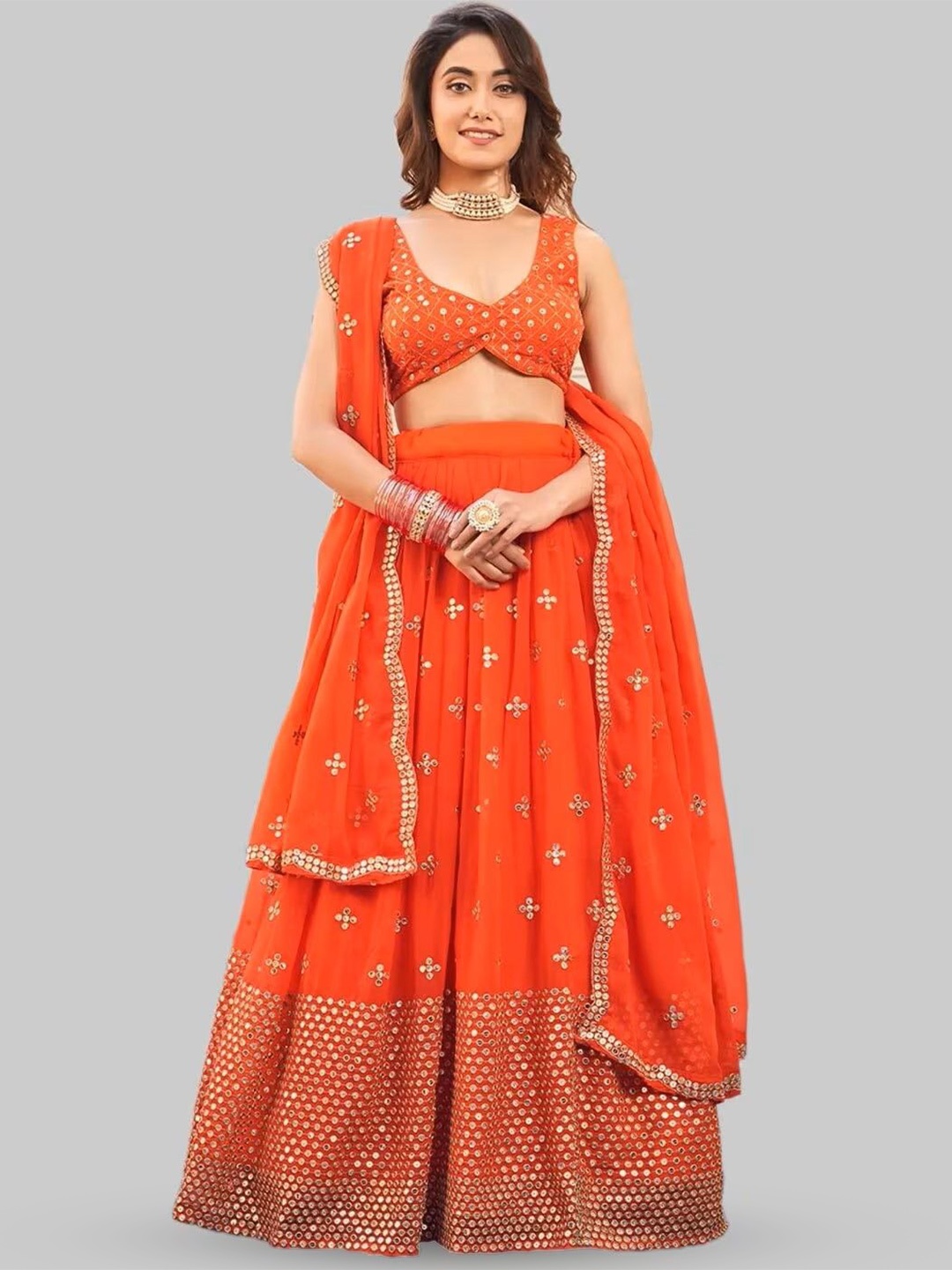 

Ethnic Yard Embroidered Sequinned Semi Stitched Lehenga & Unstitched Blouse With Dupatta, Orange