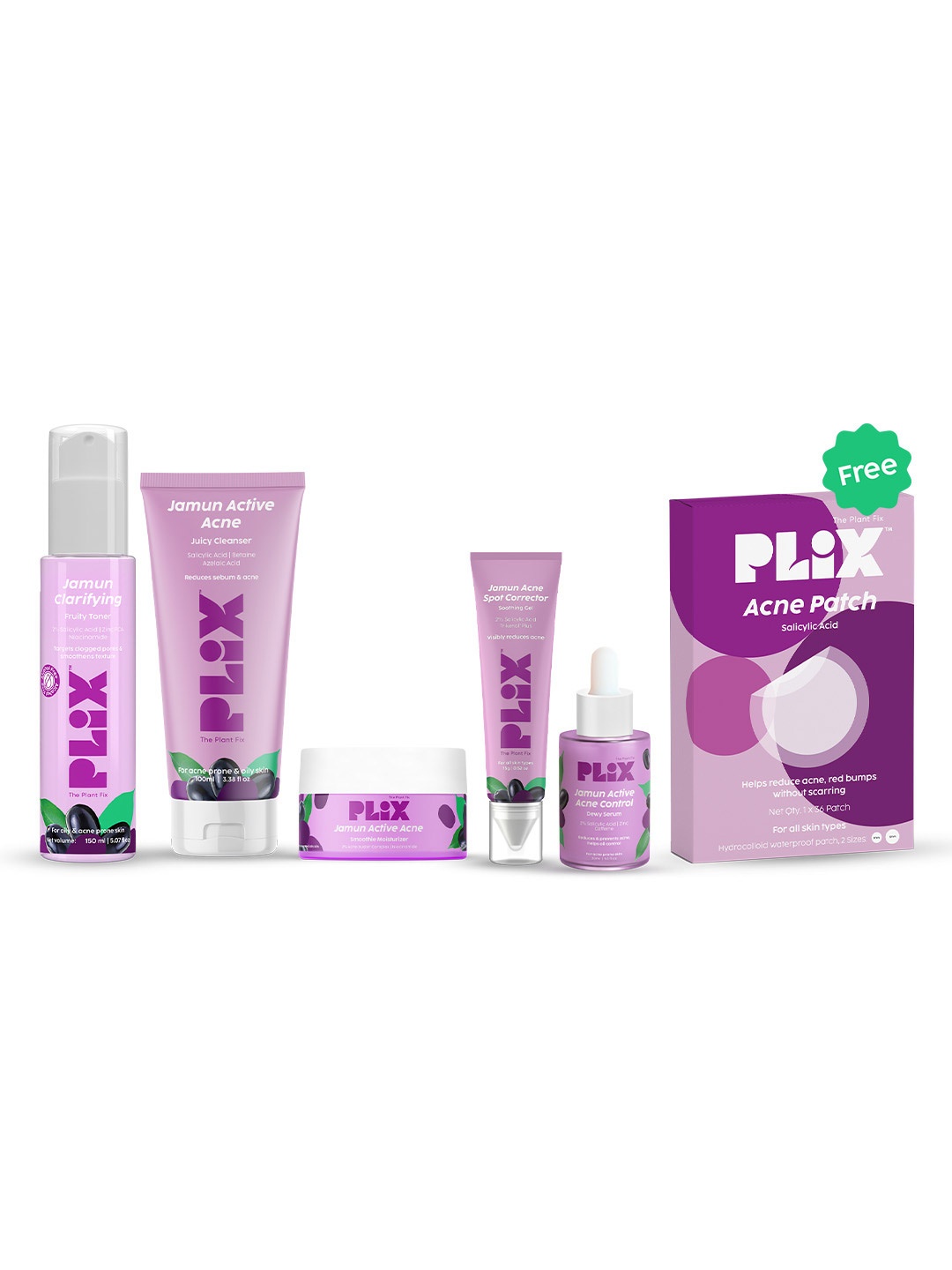

PLIX THE PLANT FIX Jamun Cleanser, Spot Corrector, Toner, Acne Patch, Moisturizer & Serum, Purple