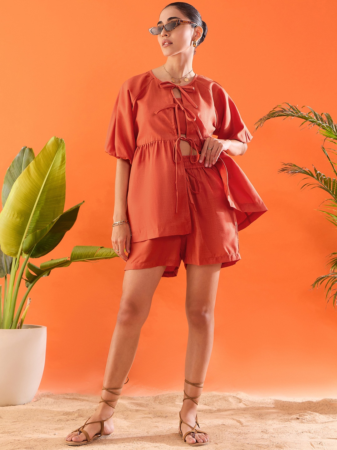 

Uptownie Linen Three Piece Shorts, Shirt and Crop Top Set, Orange