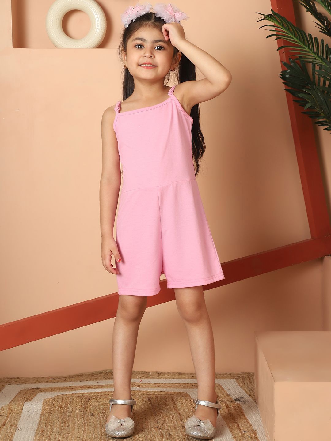 

MINI & MING Girls Shoulder Straps Pure Cotton Playsuit, Pink