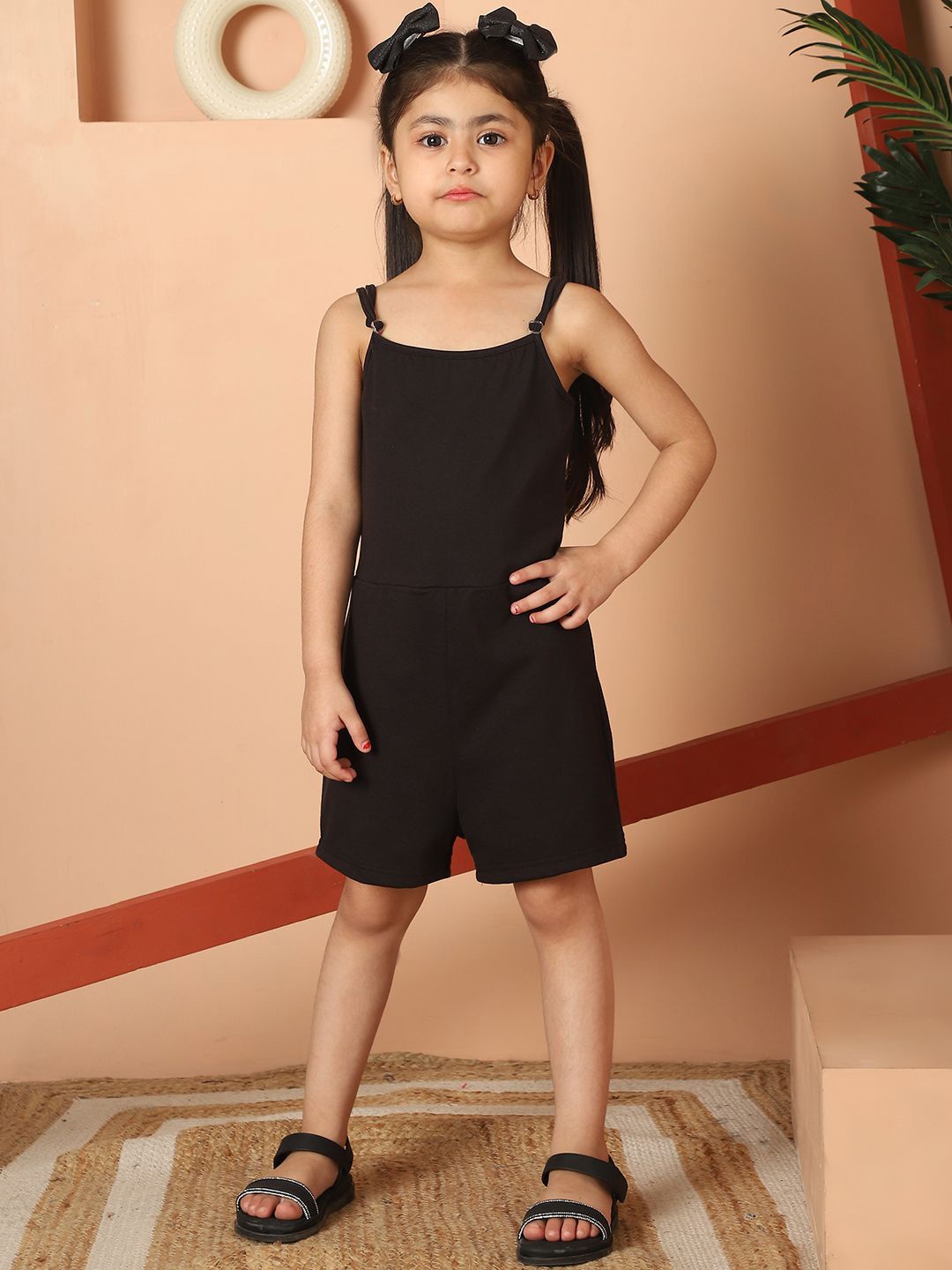 

MINI & MING Girls Shoulder Straps Pure Cotton Playsuit, Black