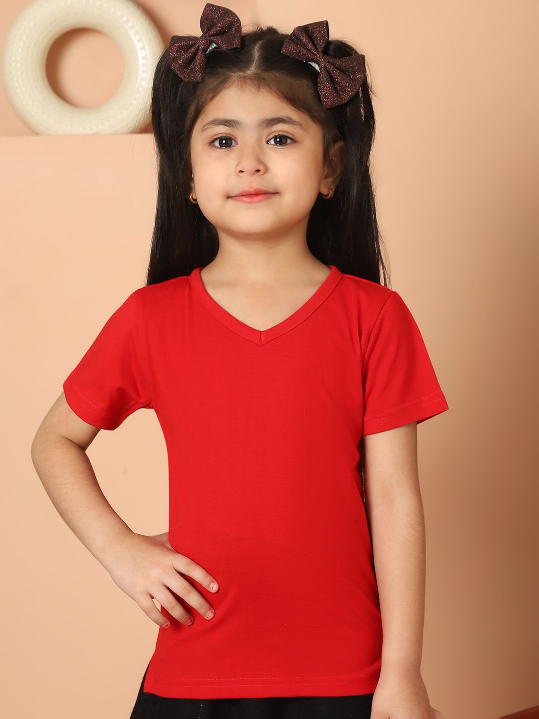 

MINI & MING Girls Solid V-Neck Pure Cotton T-shirt, Red