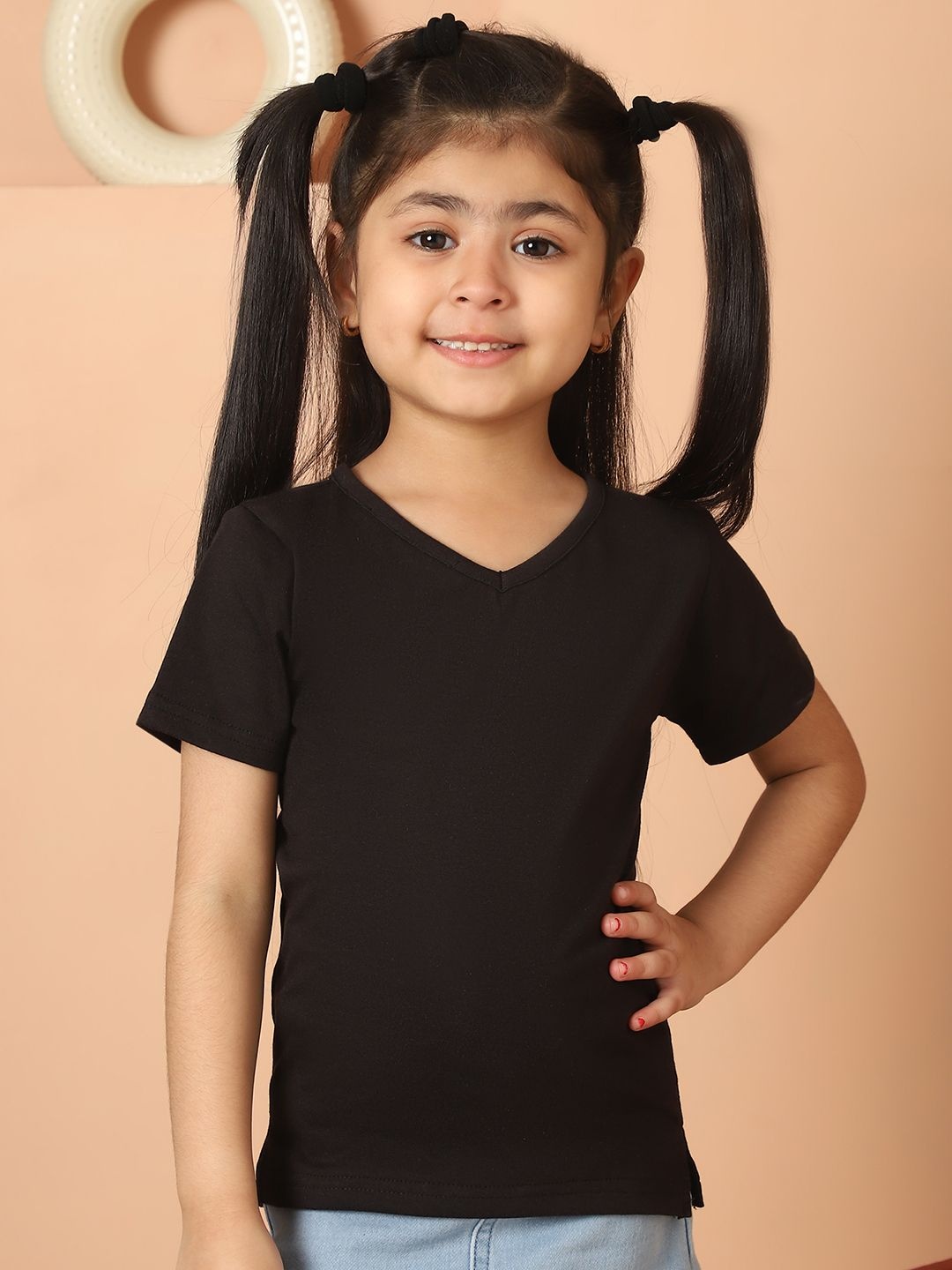 

MINI & MING Girls Solid V-Neck Pure Cotton T-shirt, Black