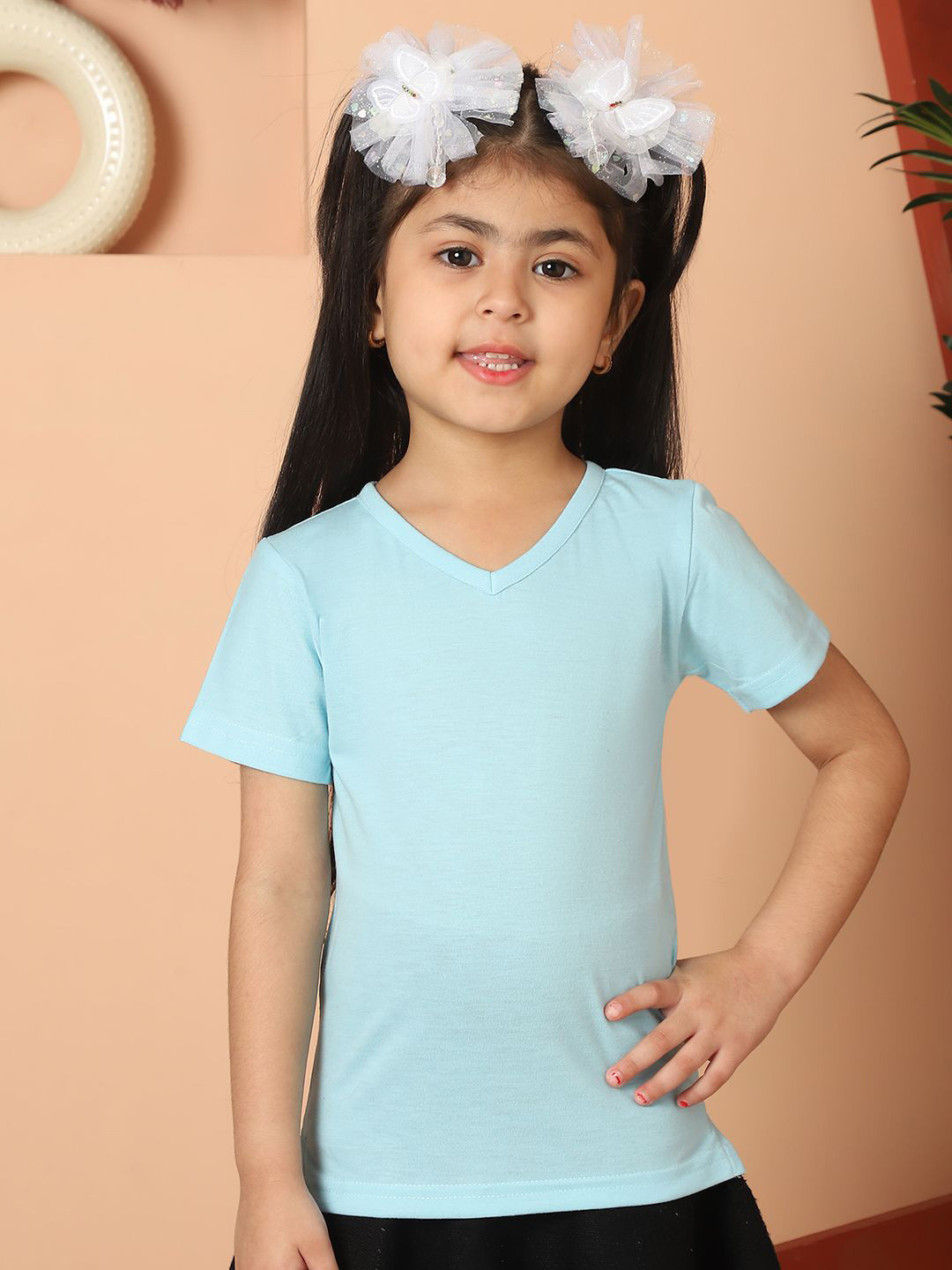 

MINI & MING Girls Solid V-Neck Pure Cotton T-shirt, Sea green