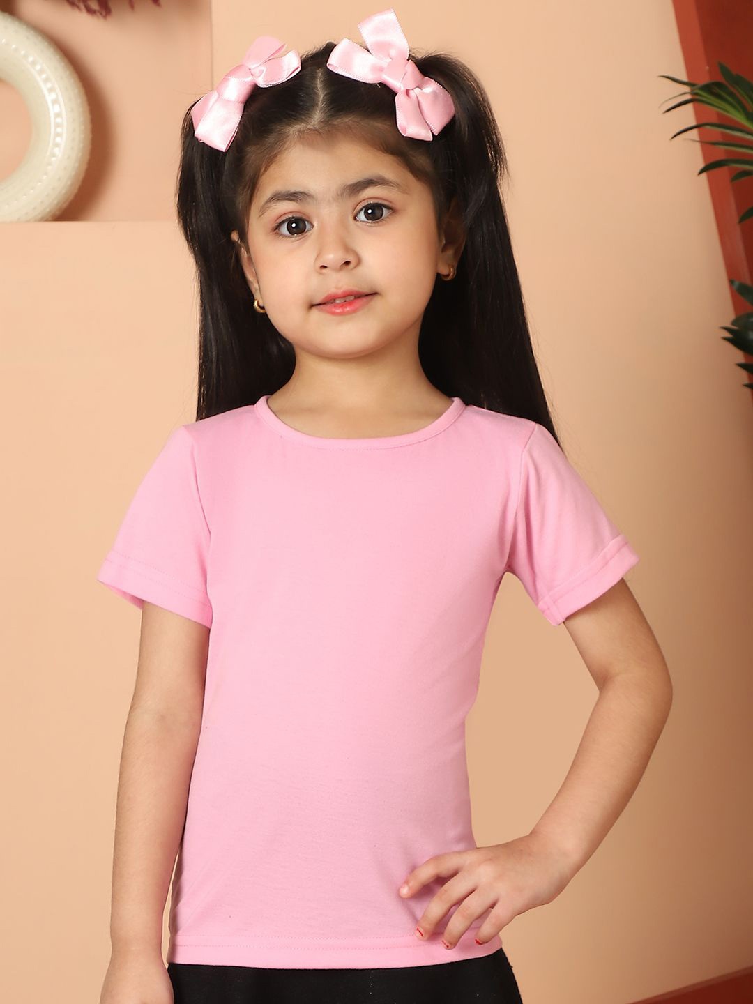 

MINI & MING Girls Solid Round Neck Pure Cotton T-shirt, Pink