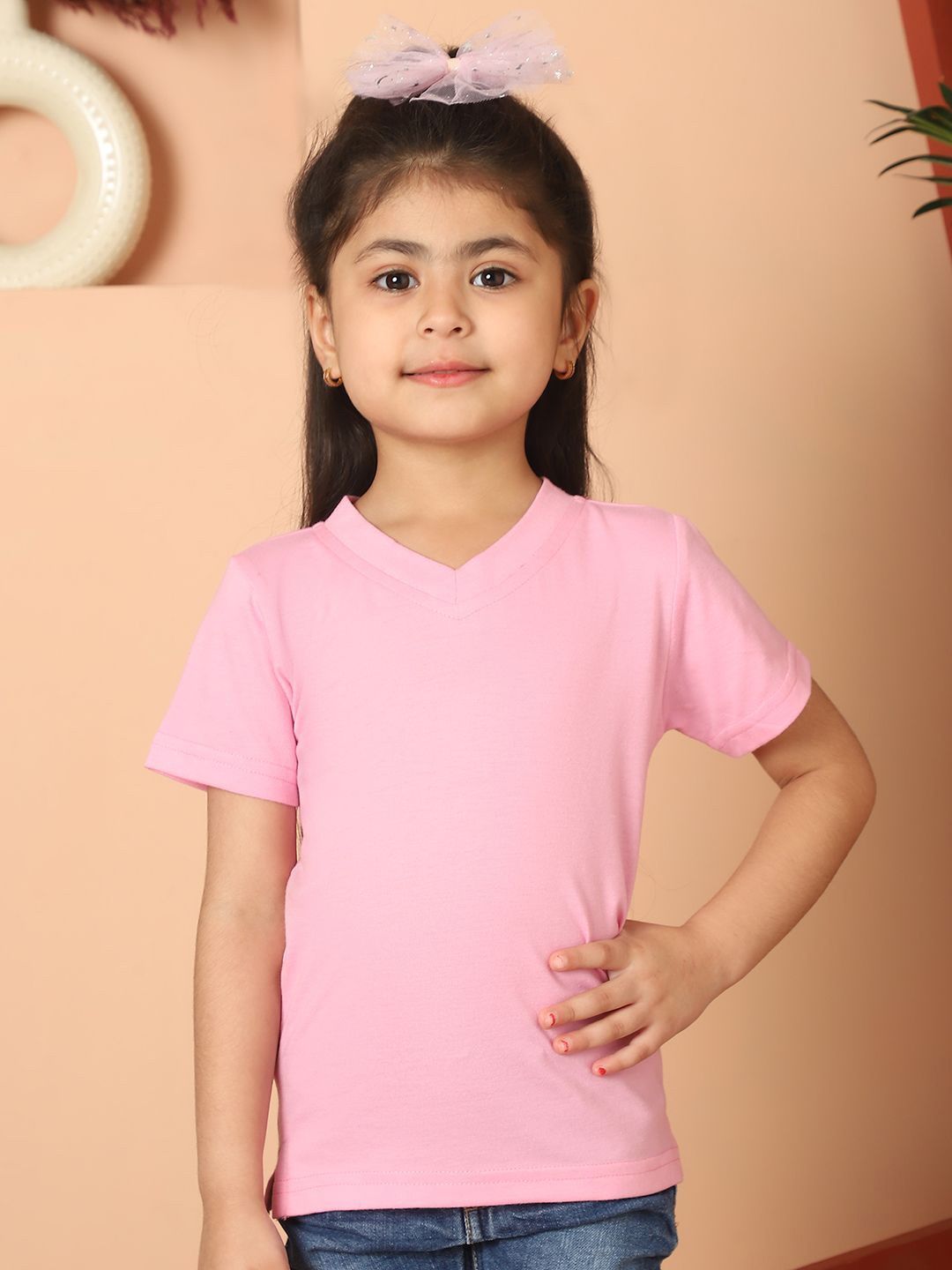 

MINI & MING Girls Solid V-Neck Pure Cotton T-shirt, Pink