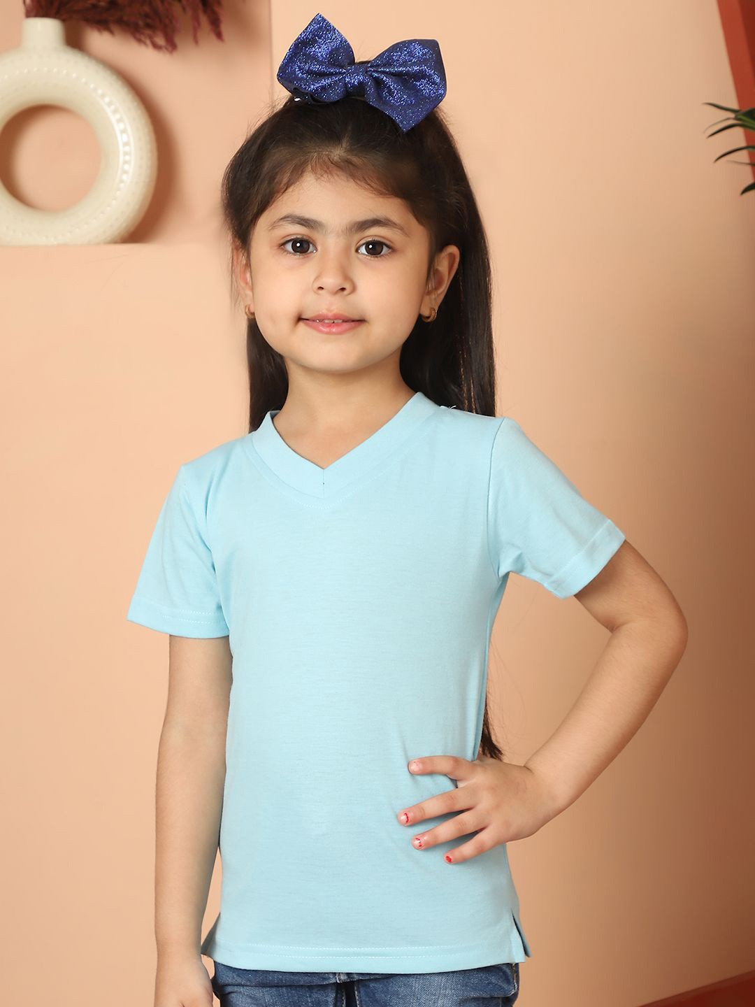 

MINI & MING Girls Solid V-Neck Pure Cotton T-shirt, Sea green