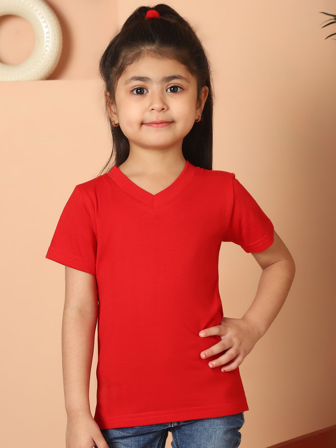 

MINI & MING Girls Solid V-Neck Pure Cotton T-shirt, Red