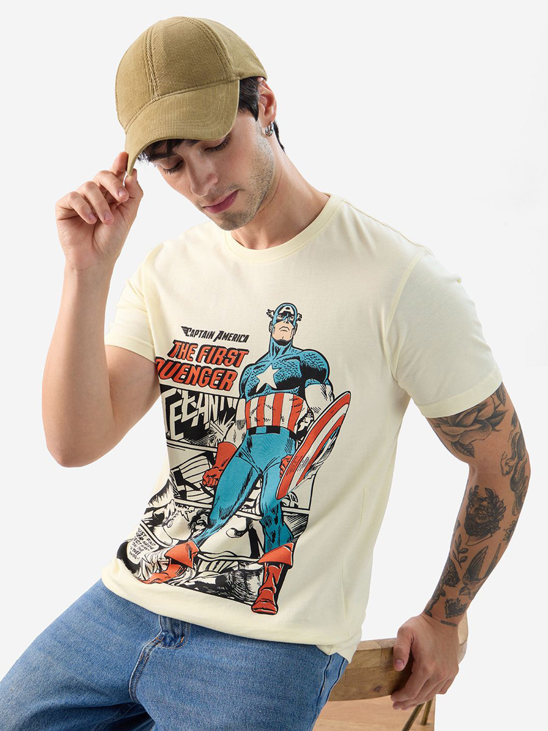 

The Souled Store Men Captain America Graphic Printed Pure Cotton T-shirt, Off white