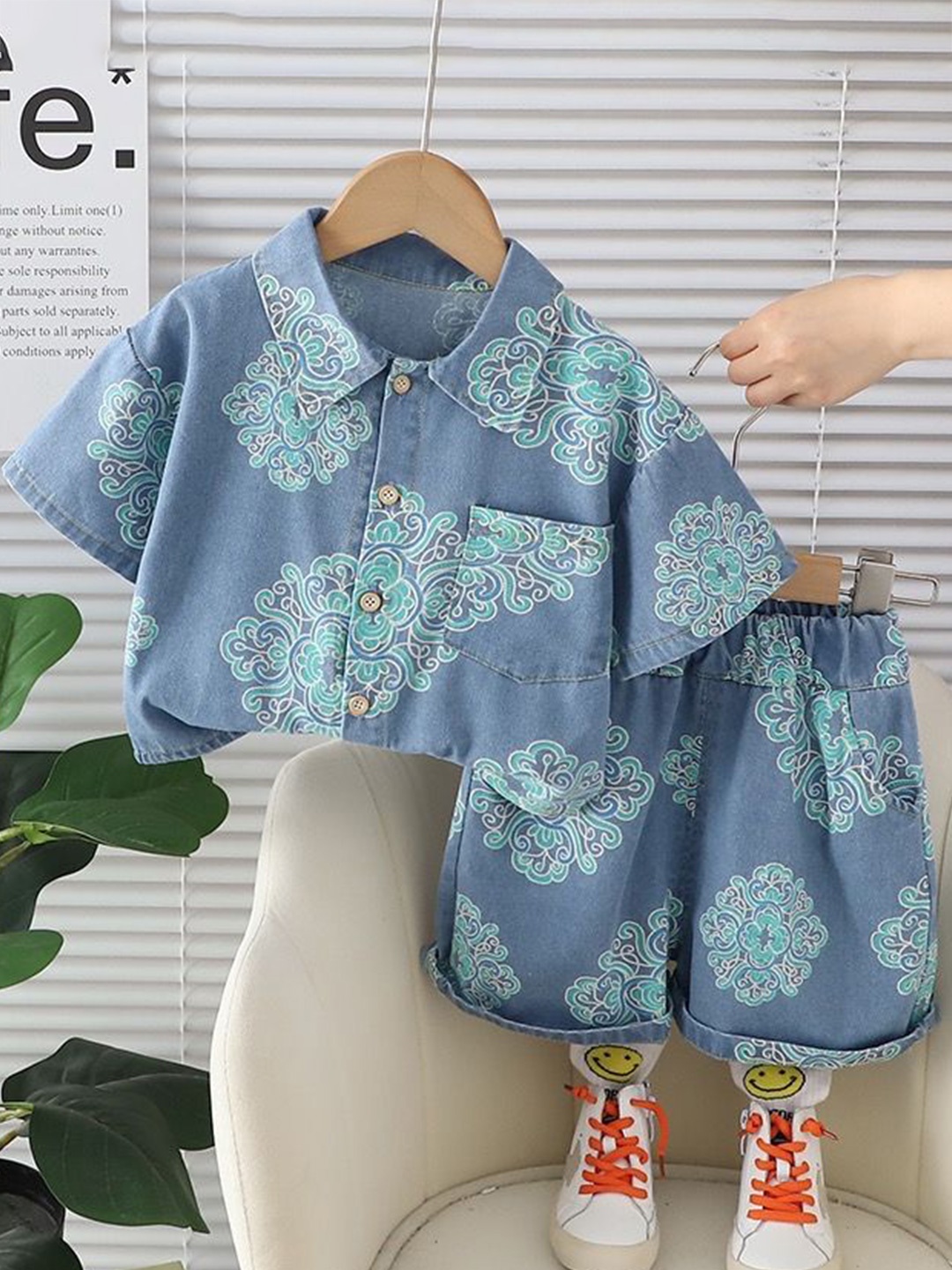 

Googo Gaaga Boys Floral Printed Spread Collar Pure Cotton Shirt With Shorts, Blue