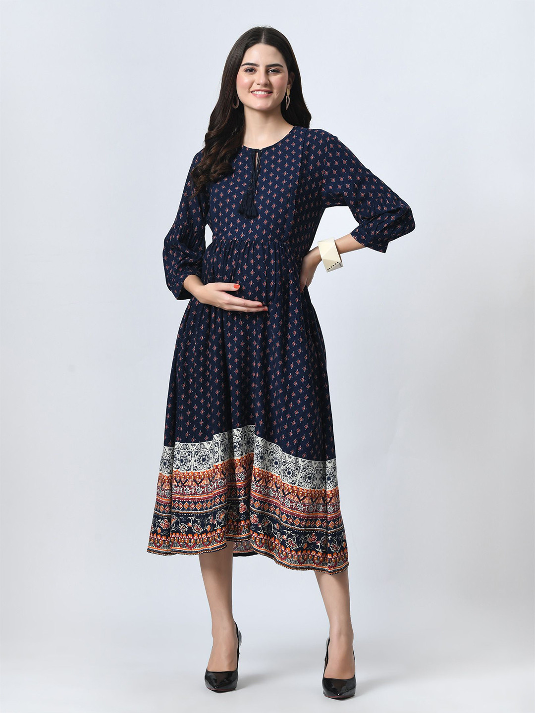 

Aaruvi Ruchi Verma Ethnic Motifs Print Maternity Fit & Flare Midi Dress, Blue