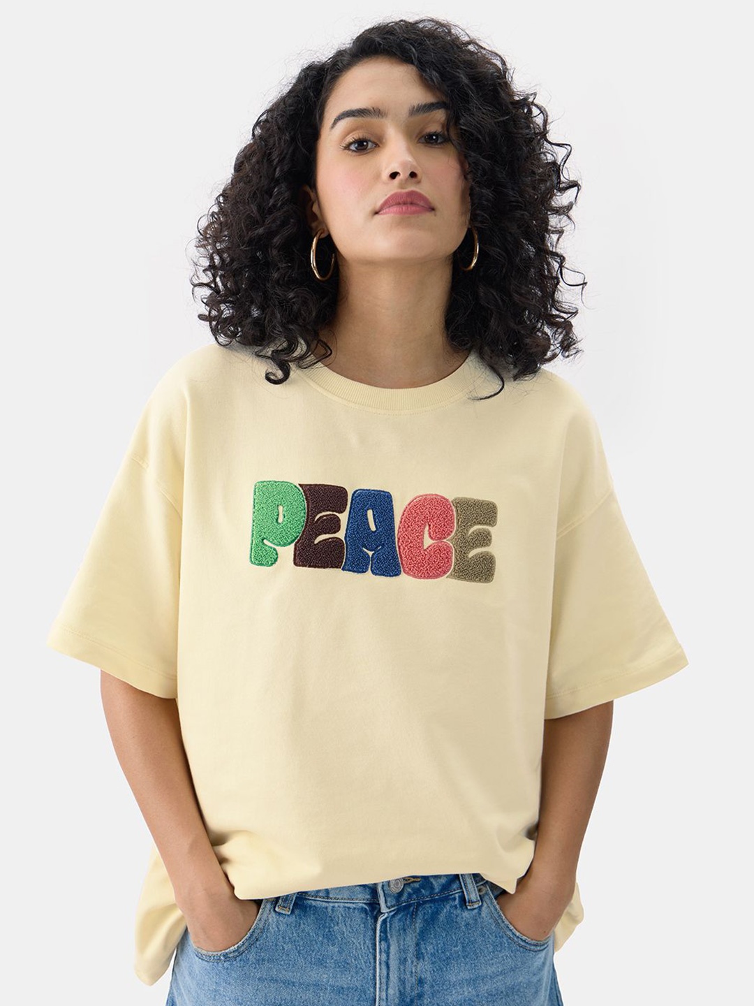 The Souled Store Women Typography Cotton Oversized T-shirt, Off white