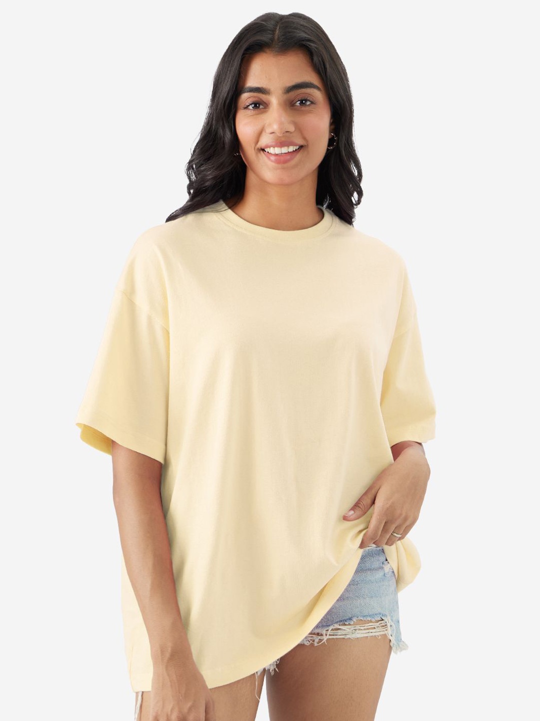 

The Souled Store Women Round Neck Oversized Cotton T-shirt, Off white