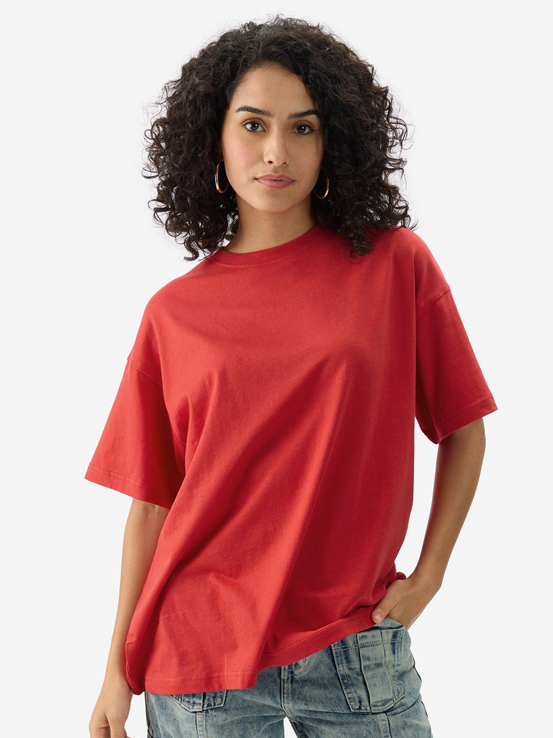 

The Souled Store Women Round Neck Oversized Cotton T-shirt, Red