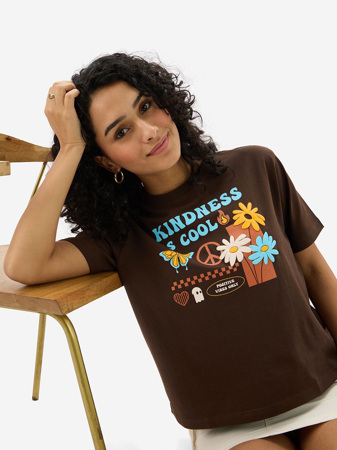

The Souled Store Women Graphic Printed Round Neck Pure Cotton T-shirt, Coffee brown