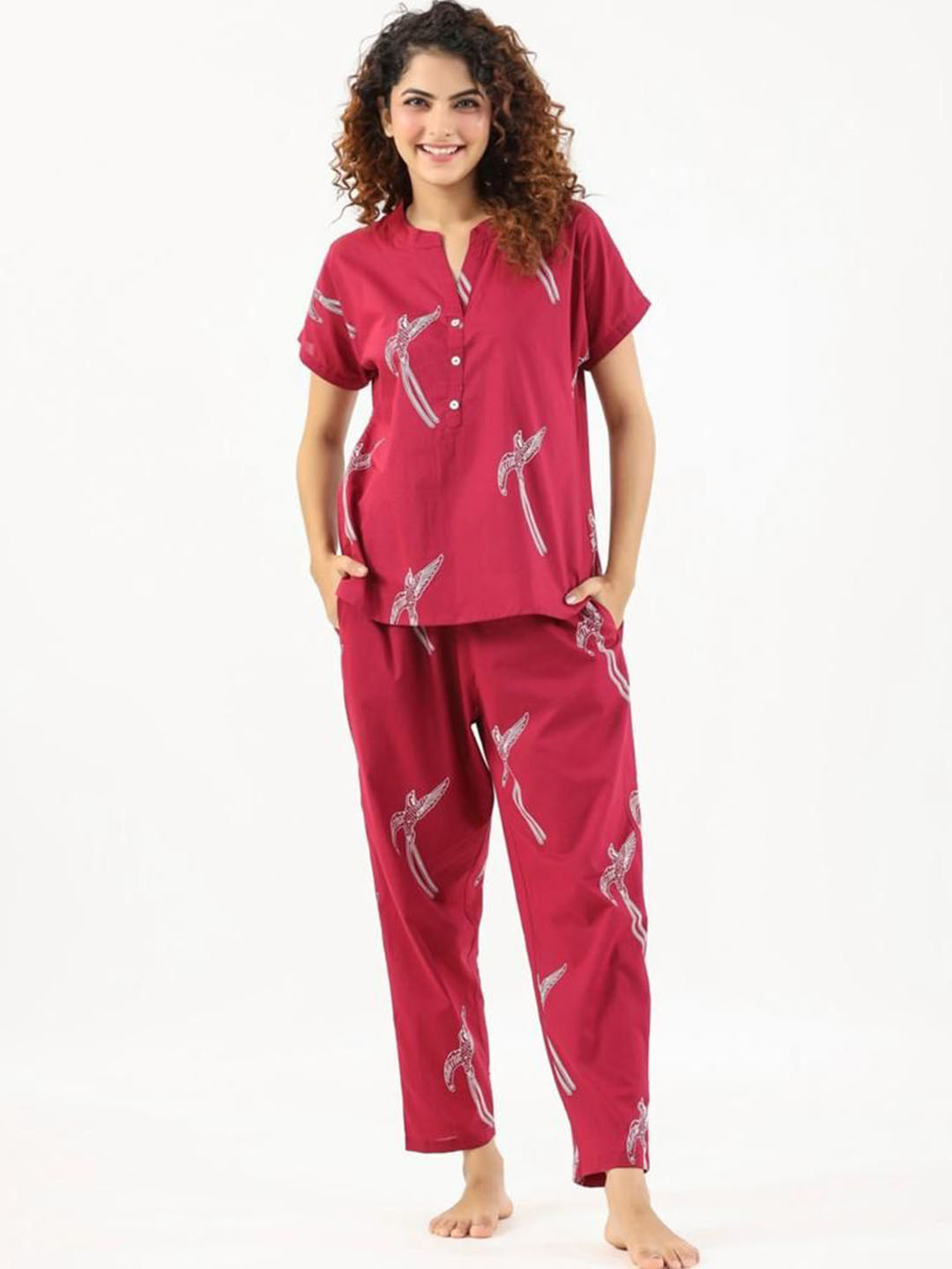 

SHOOLIN Printed Relaxed-Fit Mandarin Collar Pure Cotton Night Suits, Red