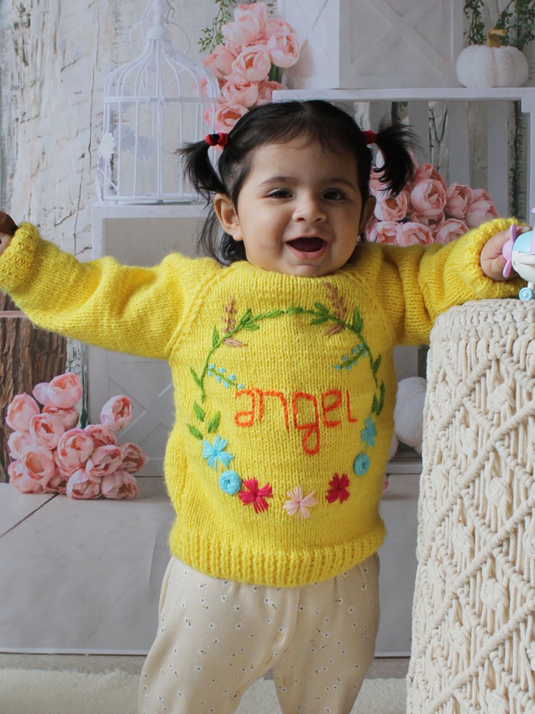 

Woonie Girls Self Design Pullover, Yellow