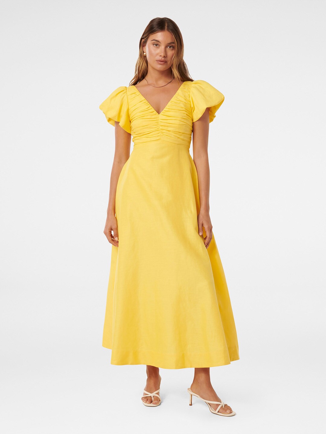 

Forever New Flutter Sleeve Linen Fit & Flare Maxi Dress, Yellow