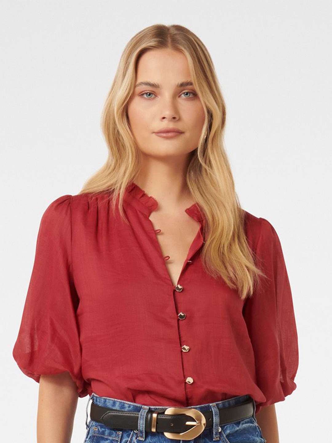 

Forever New Mandarin Collar Puff Sleeve Shirt Style Top, Red