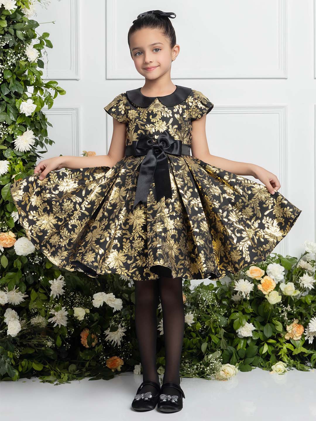 

THE PONY & PEONY CO. Floral Print Jacquard Fit & Flare Dress, Black